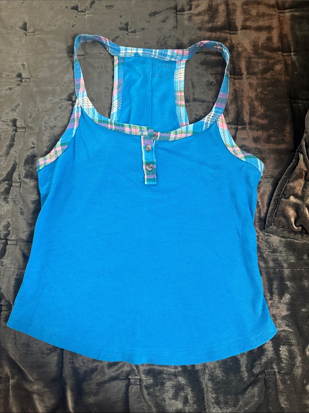 Pilcro Blue Plaid-Trim Racerback Tank Top - Women